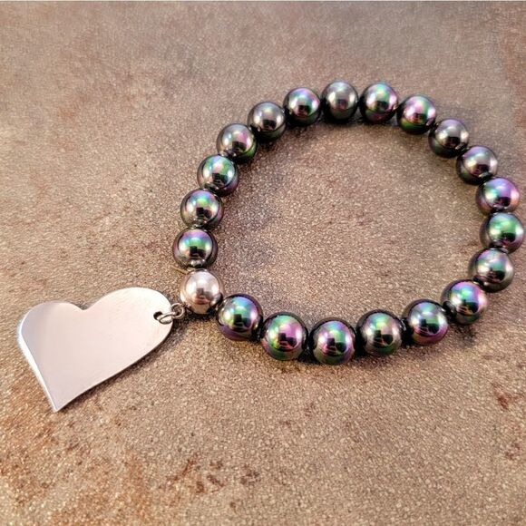 New Iridescent Stainless Steel Beaded  Asymmetrical Heart Bracelet - Picture 5 of 9